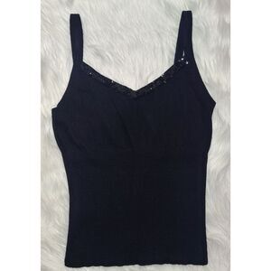 Bisou Bisou|Rabbit Hair Black Sequin Ribbed Tank Top, LARGE